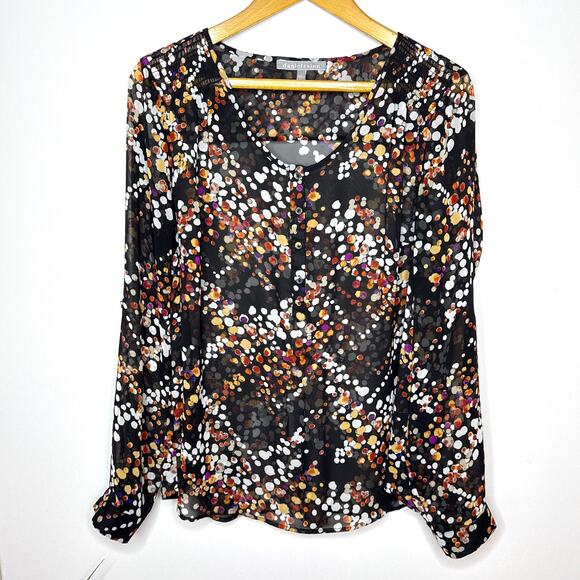 Daniel Rainn Georgette Sheer Colorful Printed Blouse Long Sleeve Large Boho Chic - Picture 1 of 9